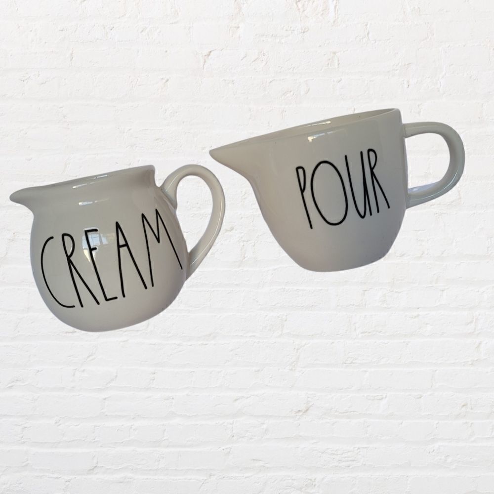 Rae Dunn Cream and Pour Pitchers/Mugs, White with Black Lettering, 3.5" tall